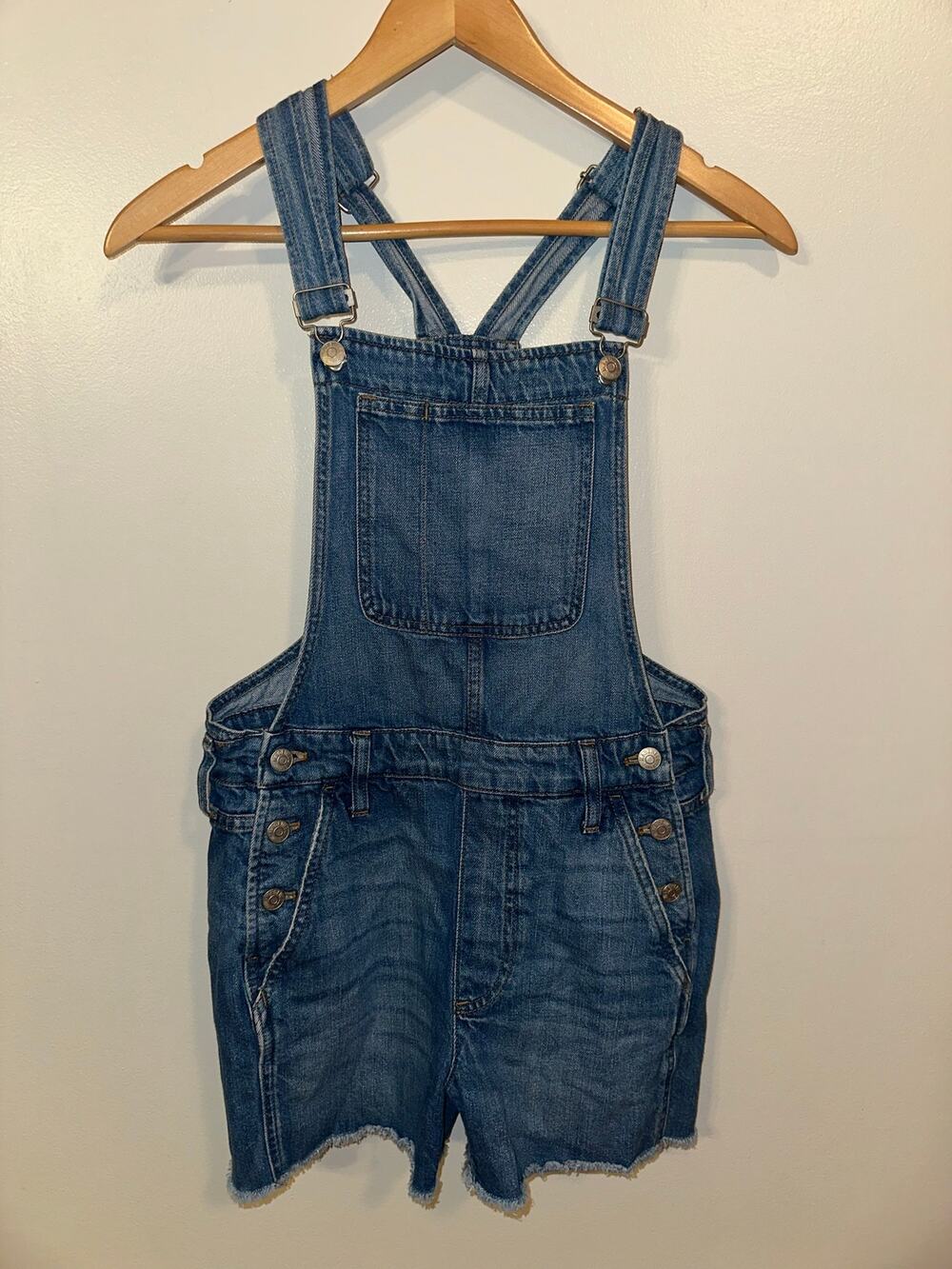 Madewell Denim Short Overalls XS Blue Jean Bib Overall Shorts Raw Hem